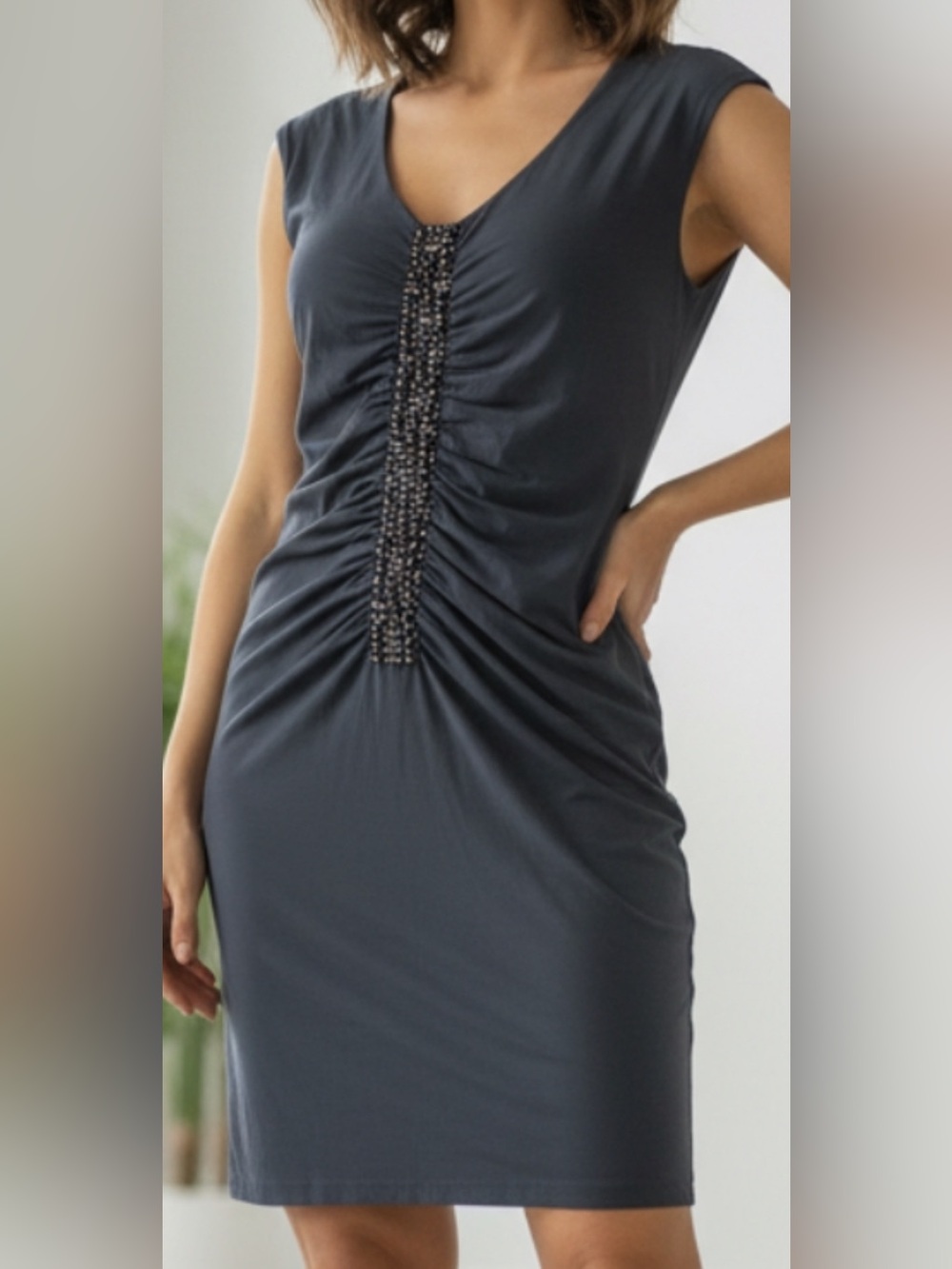 Mexx Charcoal Gray Embellished Ruched V-Neck Mini Dress